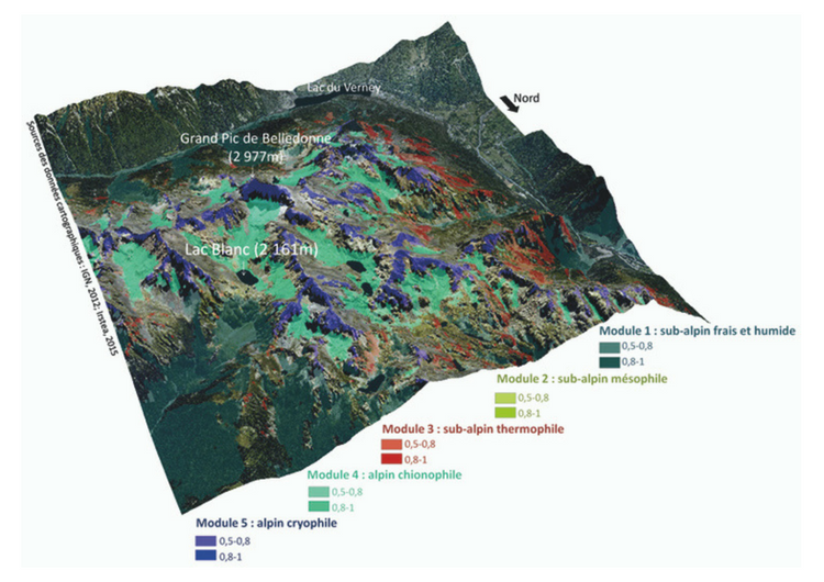 Cartographie de localisation des modules représentatifs des compartiments écologiques structurants sur site d'étude (zoom sur un secteur du massif de Belledonne).